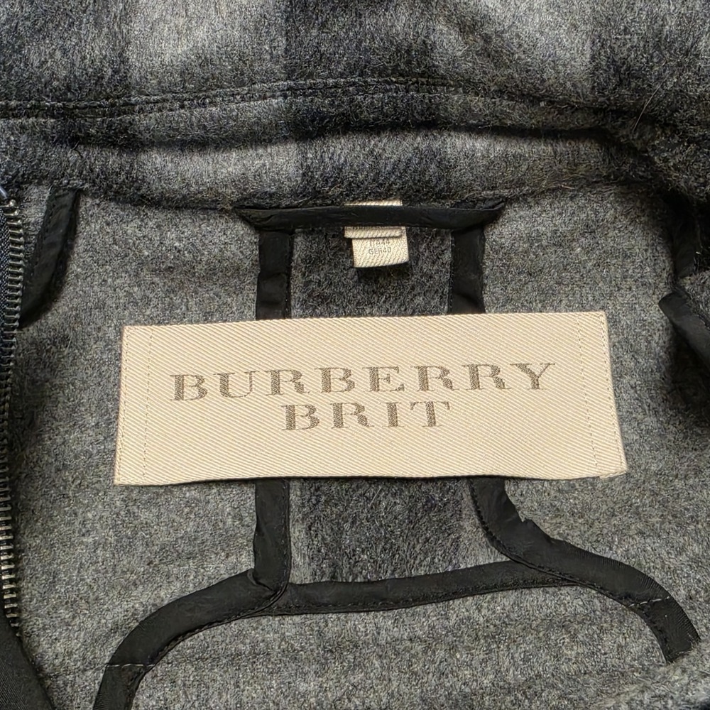 Burberry‎ Brit Gray Plaid Wool Duffle Coat Blue Fox Fur Hood Womens US 10 IT 44 - Picture 14 of 16